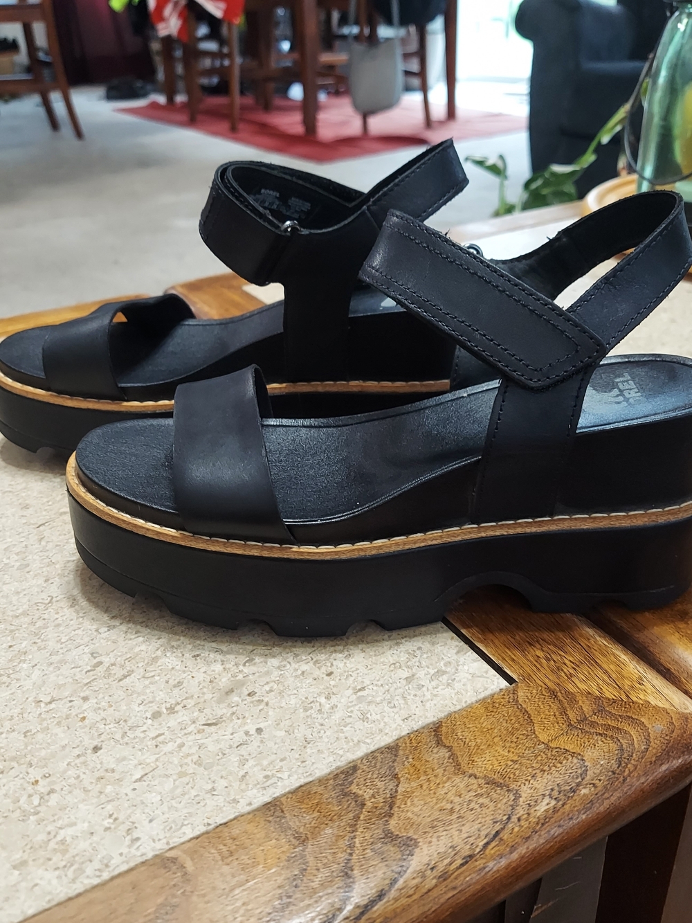 Sorel Joanie Leather Platform EVA Wedge Sandals Black Woman's Size 7